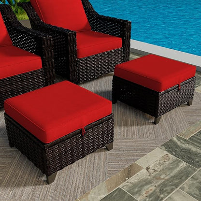 VistaVibe 2 Pieces Patio Wicker Ottomans, Luxurious Footstools, Outdoor Small Footrest, Wicker Furniture with Removable Cushions,All-Weather PE Rattan, Garden, Backyard, Porch(Brown/Red)