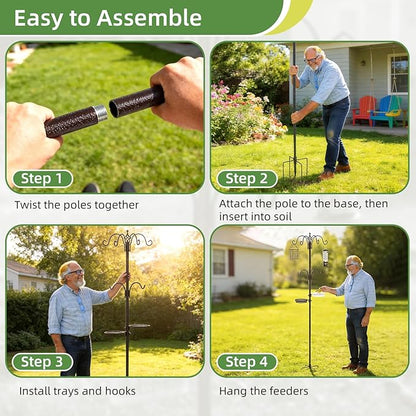 94" Bird Feeding Station Kit with Multiple Hooks, Heavy Duty Metal Bird Feeding Station with Seed Tray & Mesh Basket, Easy Assembly Ground Mounted Bird Feeder Pole for Garden Yard Outdoor