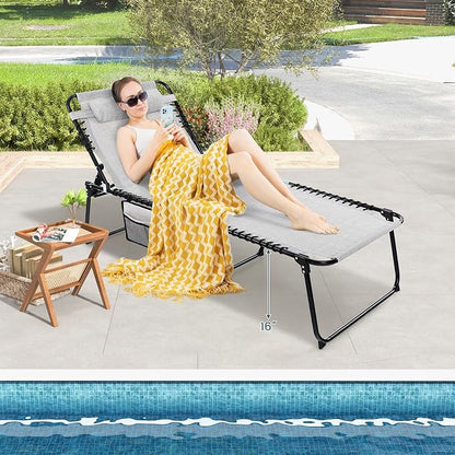 Goplus Chaise Lounge Chair Outdoor, Extra Large Folding 5-Postion Beach Lounger with Detachable Pillow, Side Pocket, Sunbathing Lounge Chair, Adjustable Tanning Chair for Patio Lawn Pool Yard