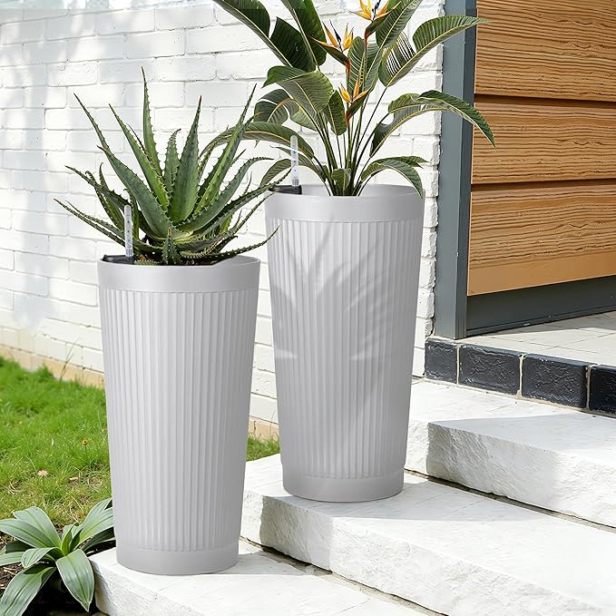 TUYOHW 2-Pack 24in Round Plastic Planters with Self-Watering System and Vertical Ribbed Design – Perfect for Home, Patio, Garden Plants