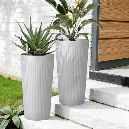 TUYOHW 2-Pack 24in Round Plastic Planters with Self-Watering System and Vertical Ribbed Design – Perfect for Home, Patio, Garden Plants
