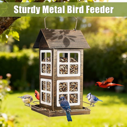 Bird Feeders, Heavy Duty Metal Bird Feeder for Outdoors Hanging, Weatherproof Large Capacity Wild Birdfeeder for Outside Garden Yard, Country House Shape (Vertical)