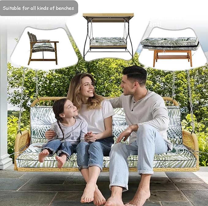 Porch Swing Cushion Three Seat, Waterproof Swing Cushions Replacement with Backrest, Outdoor Garden Furniture Patio 4" Thickened Cushions with Ties (Bamboo Leaves, 40 x 63in)
