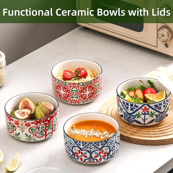 Ceramic Bowl with Lid, Microwave Safe, Set of 4 | Food Storage Containers for Soup, Meal Prep, Cereal, Salad Leftovers - Picnic, Camping, Office Lunch - 20 oz, A-Pattern