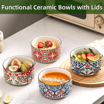 Ceramic Bowl with Lid, Microwave Safe, Set of 4 | Food Storage Containers for Soup, Meal Prep, Cereal, Salad Leftovers - Picnic, Camping, Office Lunch - 20 oz, A-Pattern