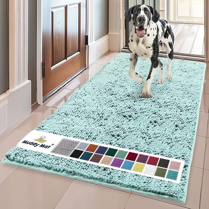 Muddy Mat® | Super Water Absorbent Door Mat Indoor, Microfiber Quick Dry Chenille Entryway Rug, Slip Resistant Front Door Mat, Indoor Mats for Entryway,Machine Washable Pet Rug, Seafoam Green 24"x72"