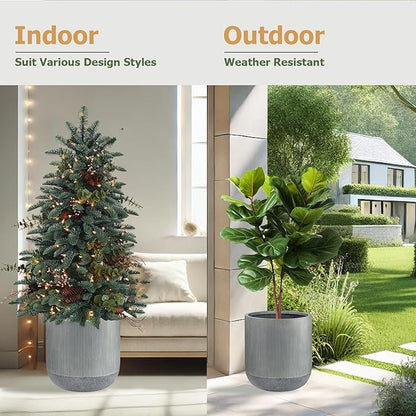 18.7" H x 16.9" D Ribbed Radius Fiberstone Round Planter with Drainage Hole, Weather Resistant for Indoor and Outdoor Use, Included 2 Extra Coco Mats (Charcoal, 15" Pot Opening)
