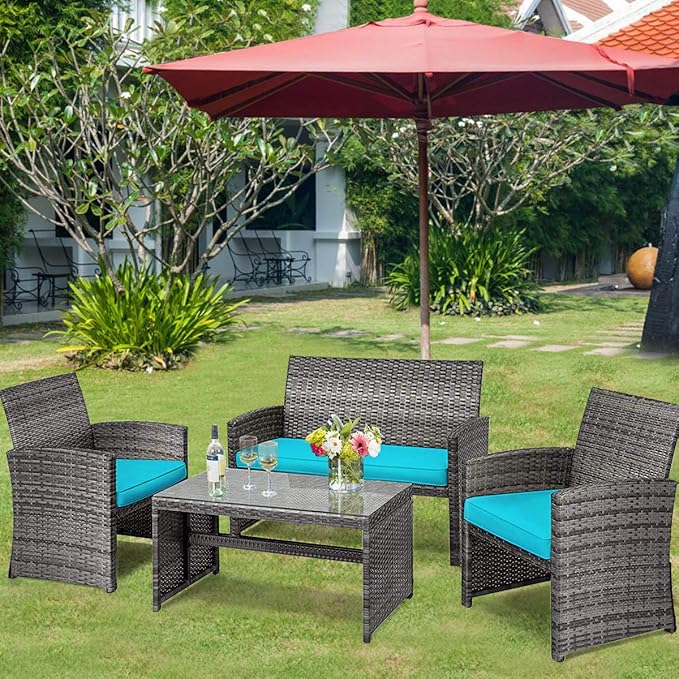 COSTWAY Patio Furniture Set 4 Pieces, Outdoor Wicker Chairs Sofa w/Coffee Table and Soft Cushions, Rattan Conversation Sets for Patio Lawn Backyard Yard Pool Garden, Turquoise