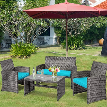 COSTWAY Patio Furniture Set 4 Pieces, Outdoor Wicker Chairs Sofa w/Coffee Table and Soft Cushions, Rattan Conversation Sets for Patio Lawn Backyard Yard Pool Garden, Turquoise