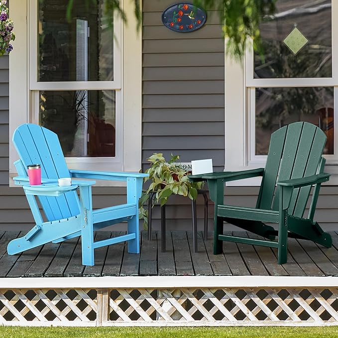 Adirondack Chair Set of 6, HDPE Folding Adirondack Chair with Multifunctional Cup Holder, Weather Resistant Fire Pit Chair for porches, patios, poolsides, Decks.