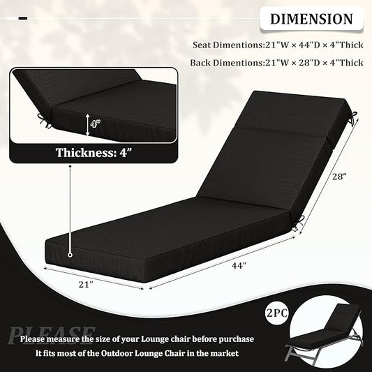 2 Pcs Chaise Lounge Cushions Outdoor, 72" L X 21" W X 4" D Lounge Chair Cushions for Outdoor Furniture, High-Density Foam Patio Chaise Cushion-Waterproof Fade-Resistant ThickPatio lounge chair cushion