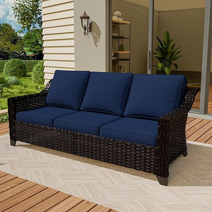 VistaVibe 78" Patio Wicker 3-seat Sofa, Deep Seat & Upholstered Loveseat, Outdoor All-Weather Rattan Couch with Removable Cushions, Steel Frame Couch for Garden, Poolside (Brown/Navy)