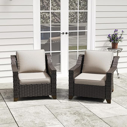 Patio 2 Pieces Wicker Chairs Set of 2，Outdoor PE Rattan Armchairs, Water-Resistant Cushions with Removable and Washable Covers, Porch, Balcony, Sunroom (Beige)