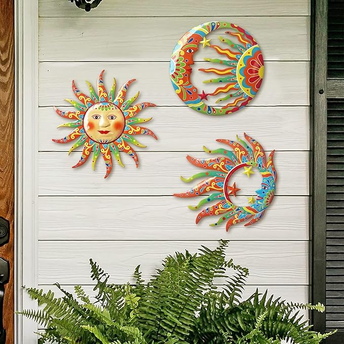 VividLadybug Metal Sun Moon Wall Art Decor,set of 3,Vivid Sun Moon Metal Wall Decor,Colorful Sun Face Sculptures, Indoor Outdoor Wall Decor Fence Garden Courtyard Decoration,wall art decor,hanging decor