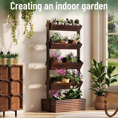 Vertical Wooden Raised Garden Bed, Garden Planters Freestanding Wood Plant Stand Flower Rack Wooden Planter Box for Plants Herbs Flowers Vegetables Outdoor Indoor Gardening (5-Tier Carbonized)