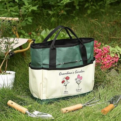 Personalized Garden Tools Set for Women: Custom Text Garden Tool Bag and Garden Shovel & Transplant Shovel & Hand Rake - Gardening Gifts for Mom Grandma Gardening Lover (2 Flowers)