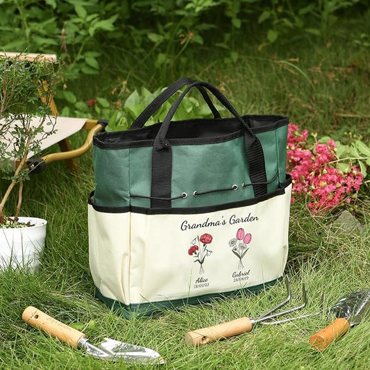 Personalized Garden Tools Set for Women: Custom Text Garden Tool Bag and Garden Shovel & Transplant Shovel & Hand Rake - Gardening Gifts for Mom Grandma Gardening Lover (2 Flowers)
