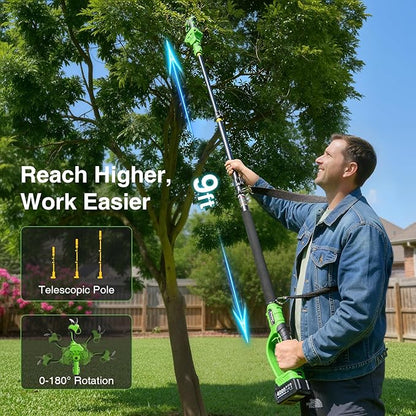 TaskStar 2-in-1 Electric Pruning Shears: 20V Cordless Pole Pruner 1.2" Cutting Diameter - 2 Pcs 4000mAh Battery, 9Ft Telescopic Pole, Extra SK5 Blade, 3 Modes Brushless Power Tree Pruner for Gardening