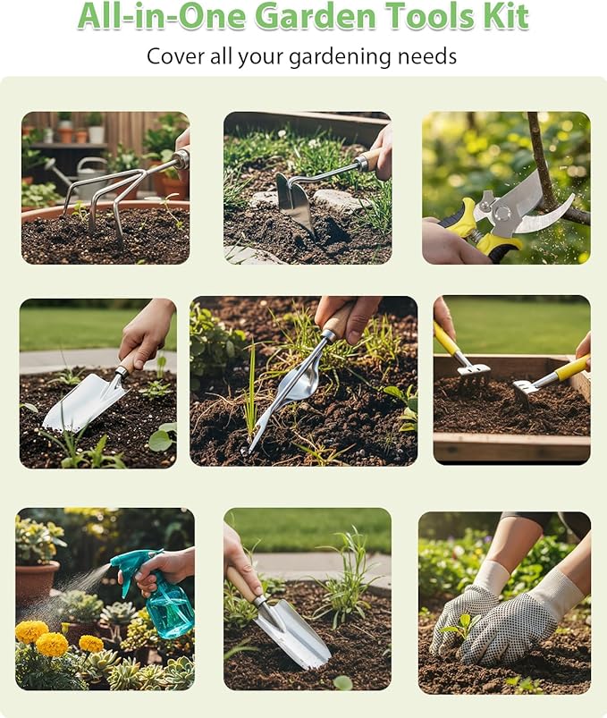 Garden Tools Set 12PCS, MOSFiATA Gardening Kit with Organizer Bag, Heavy Duty Soil Shovel, Transplant Trowel, Weeder, Hand rake, Ideal Gardening Gifts