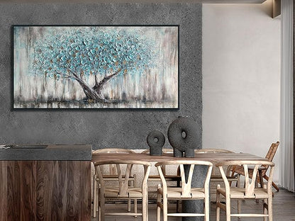 Arjun Framed Blue Tree Canvas Wall Art for Living Room Tree of Life Abstract Bedroom Textured Painting, Nature Picture Panoramic Landscape Artwork Home Office Decor, Black Wood Large 48"x24"