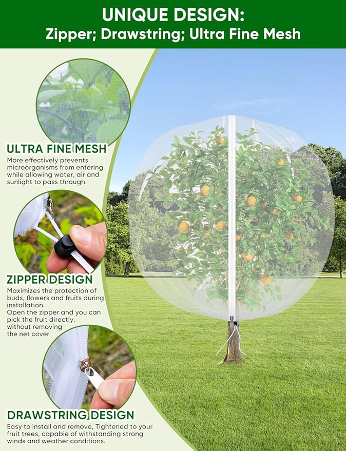 Fruit Tree Netting for Cicadas - with Zipper 4Pcs 3.3 x 2.6FT Garden Bird Netting for Blueberry Bushes with Drawstring,Insect Plant Protection Mesh Net Bags for Tomato,Cicada,Animals (4, 2.6 x 3.3 FT)
