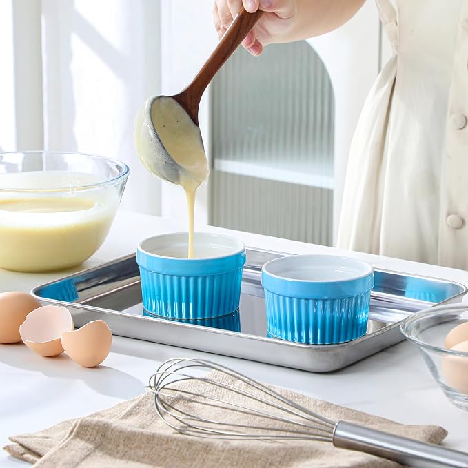 MALACASA Ramekins 6 oz Oven Safe, Small Ceramic Souffle Dishes for Creme Brulee Souffle, Stoneware Custard Cups Ramiken for Baking, Dessert Bowls Dipping Sauce Dish Set of 6, Blue, Series RAMEKIN-DISH
