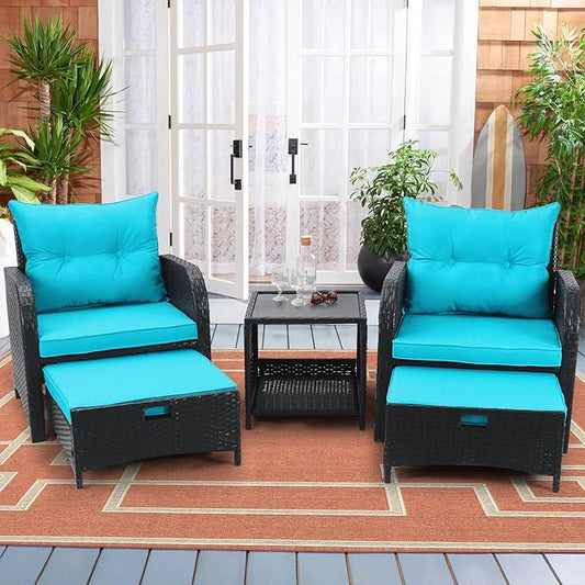 PE 5 Piece Outdoor Chairs with Ottoman, Wicker Patio Furniture Set with Ottoman, Outdoor Lounge Chairs for Patio Balcony Garden Sunroom, Lakeblue