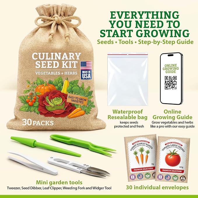 Culinary Vegetable & Herb Seeds Variety Pack - 30 Heirloom Non-GMO Garden Seeds for Planting, Seed Kit with Tools, Made in USA