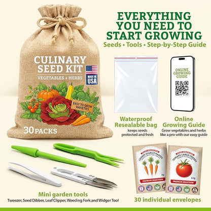 Culinary Vegetable & Herb Seeds Variety Pack - 30 Heirloom Non-GMO Garden Seeds for Planting, Seed Kit with Tools, Made in USA