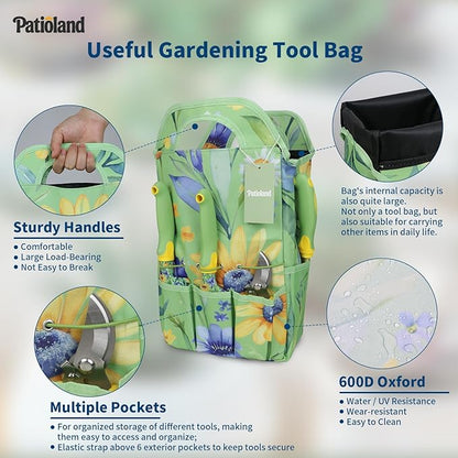 10-Piece Garden Tool Set – Green Floral Print Gardening Hand Tools with Non-Slip Handles, Heavy Duty Rust-Proof Aluminum Tools, Organizer Tote Bag, Ideal Gardening Gifts for Women & Grandma