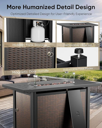 HUMMUH 7-Piece Outdoor Patio Furniture with Fire Pit Set,Wicker Patio Sofa Set Outdoor Rocking Chairs with Ottomans for Backyard,Poolside,Deck