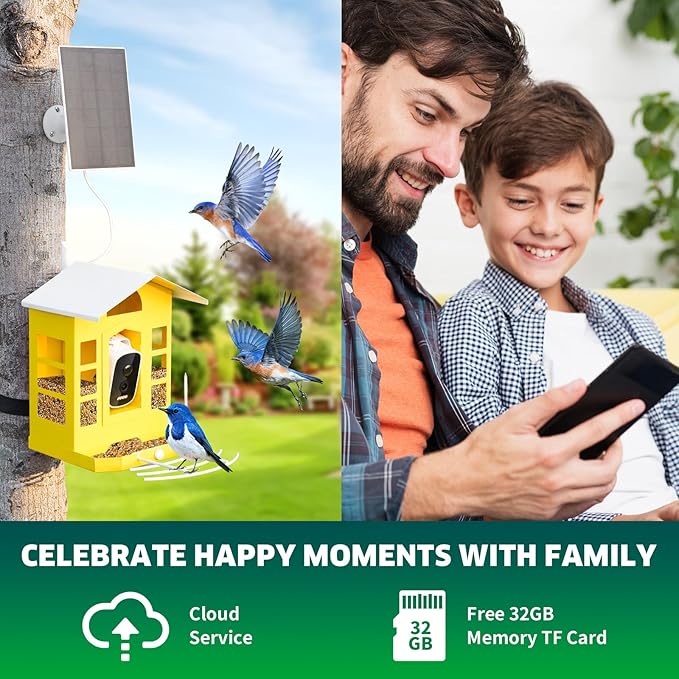 Metal AI Bird Feeder Camera w/ 32GB - Solar Powered, 2K Auto Rec & Live View, Identifies 10000+ Birds