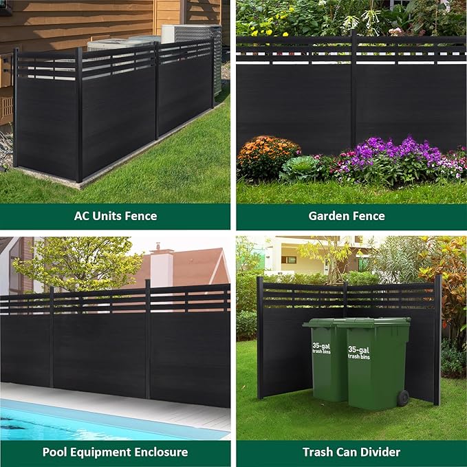 6×6Ft Outdoor Privacy Fence Panel, Decorative Garden Fence Panels, Windproof Wood Plastic Composite Fence for Outside, Yard Backyard and Swimming Pool （Black, 1 Post）