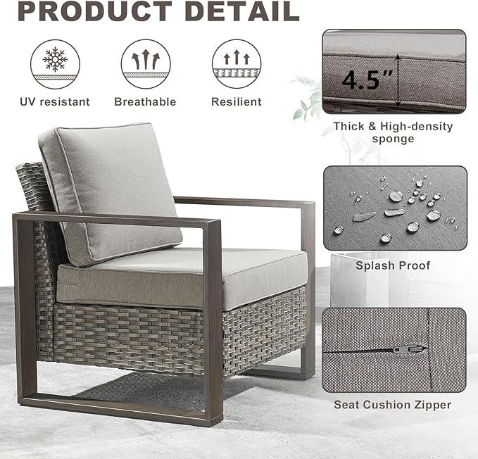 3 Piece Wicker Patio Furniture Set,Patio Bistro Set with 2 Rattan Armrest Chairs and 1 Side Table,Sturdy Frame,All-Weather PE Wicker,Wide Armrest,Deep Seating and Thick Cushions(Mixed Grey/Grey)