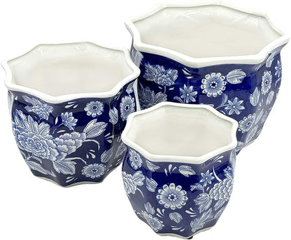 Galt International Dark Blue & White Round Fluted Floral Porcelain Ceramic Plant Flower Planter Pot Set of 3 (7.5", 10", 13") Garden Pots Chinese Asian Design