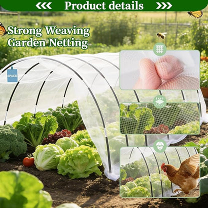 Garden Netting Kit for Raised Beds 10 x 33 FT Strong Mesh Netting 6 Sets of Fiberglass Garden Hoops Inscet Barrier Protection Net for Vegetable Plant Fruit Flowers