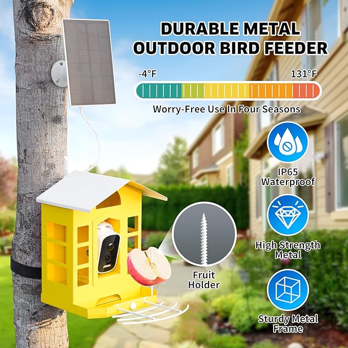 Metal AI Bird Feeder Camera w/ 32GB - Solar Powered, 2K Auto Rec & Live View, Identifies 10000+ Birds
