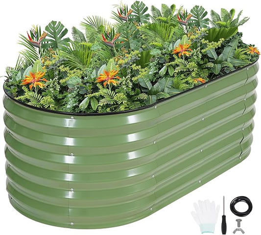 G GOOD GAIN Raised Garden Beds - 4x2x1.4ft Galvanized Planter Boxes Kit with Protective Tape & Gloves & Tools | Oval Metal Outdoor Raised Bed for Gardening Vegetables, Fruits, Flowers, Herbs, Oliver