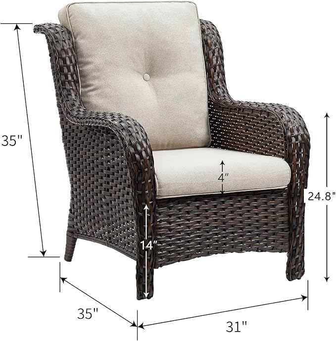HUMMUH Patio Chairs Wicker Patio Dining Chairs Set of 2 PE Rattan Deep Seating Outdoor Chairs with 4 inch Seat Cushions(Brown/Beige)
