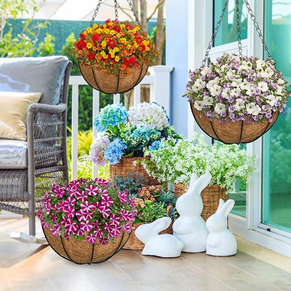ZeeDix 2 Pack 14 Inch Metal Outdoor Hanging Baskets & Planters for Plants - Heavy Duty Round Garden Planters with Coconut Liners for Flowers, Vegetables