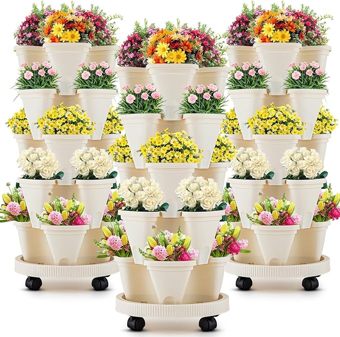 Nitial 3 Set 5 Tier Vertical Garden Planter Stackable Planters with Tray and Planting Tools Accessories for Indoor Outdoor Strawberries Herbs Peppers Flowers and Succulents