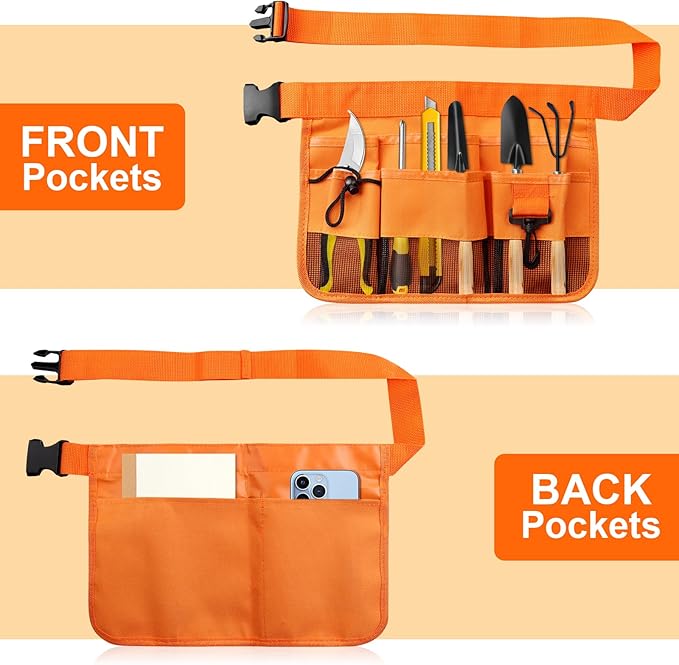 Gardening Tool Waist Bag Belt Heavy Duty Oxford Tool Apron with 7 Pockets of Different Sizes and Depth (Orange)