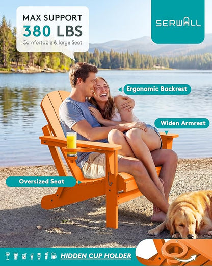 SERWALL Folding Adirondack Chair Set of 4, Weather Resistant HIPS Patio Chairs with Cup Holder for Patio Garden Outdoors Fire Pit Chairs- Orange