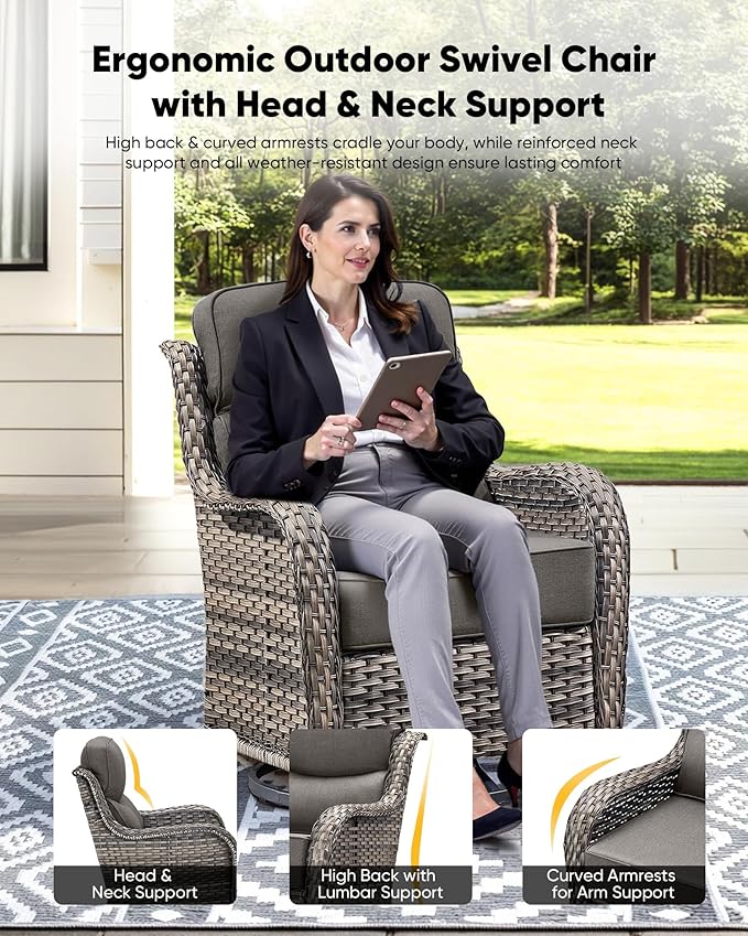 HUMMUH 8 Pieces Wicker Patio Furniture Set with Patio Swivel Chairs Set of 4,High Back Outdoor Sofa Coffee Table Ottomans,6 Inch Thick Cushions Outdoor Conversation Set for Porch, Balcony, Deck