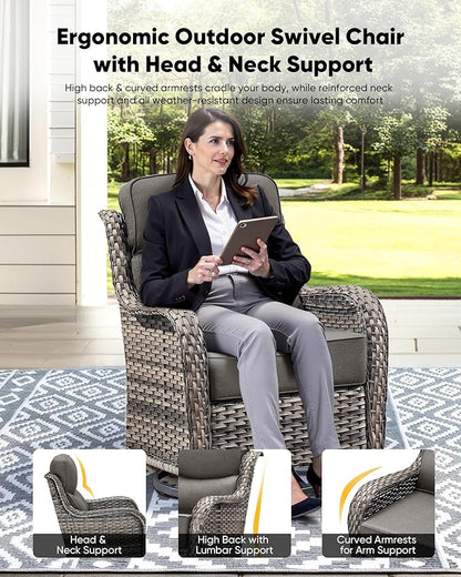 HUMMUH 8 Pieces Wicker Patio Furniture Set with Patio Swivel Chairs Set of 4,High Back Outdoor Sofa Coffee Table Ottomans,6 Inch Thick Cushions Outdoor Conversation Set for Porch, Balcony, Deck