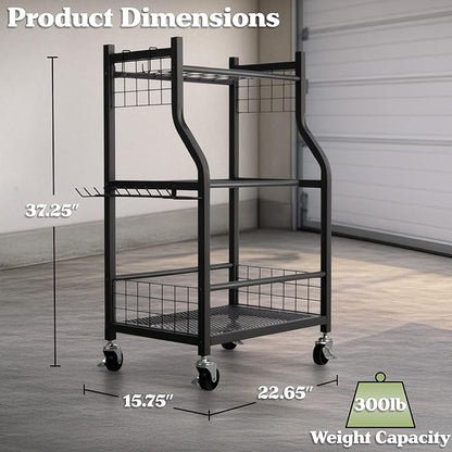 Garage Garden Tool Organizer with Wheels - Yard Tool Storage Rack with 28 Slots for Long Handles, 10 Hooks, 2 Cord Wrappers, and Locking Wheels - Shed or Garage Organization by Pure Garden
