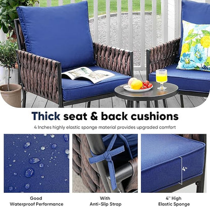 Patio Furniture Set, 5-Piece Wider Outdoor Metal Seating Sofa with High Back & Lovsest, Coffee Ta ble, All Weather Rattan Conversation for Garden,Backyard, Poolside-Navy