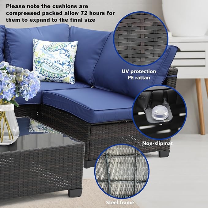 8 Pieces Patio Furniture Set with 28" Fire Pit Table, Wicker Outdoor Sectional Couch, Rattan Conversation Set for Backyard, Deck, Garden Lawn, Brown/Blue