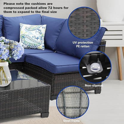 8 Pieces Patio Furniture Set with 28" Fire Pit Table, Wicker Outdoor Sectional Couch, Rattan Conversation Set for Backyard, Deck, Garden Lawn, Brown/Blue