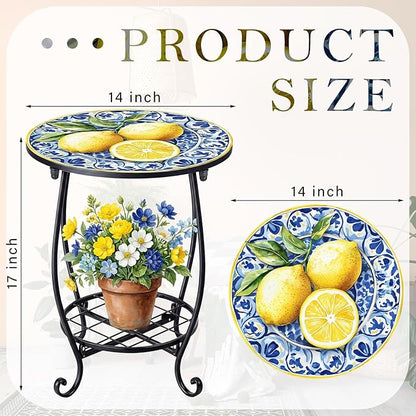 Cinnvoice Outdoor Side Table Round Small Mosaic Patio Accent Indoor End Plant Coffee Tea Table for Yard Patio Porch Garden Living Room, Bedroom(Lemon Style,14 Inch)